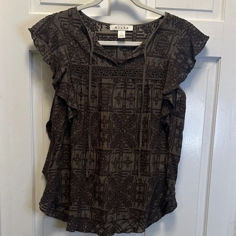 Hiche Medium Women's Brown Patterned‎ Cotton Silk Blend Top